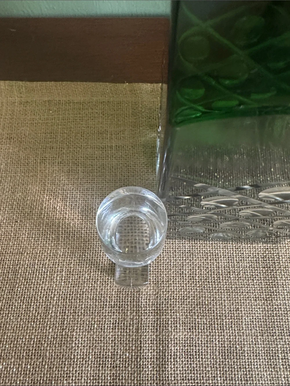 World Market Green Cut Glass Decanter Square Stopper MCM Style Barware”